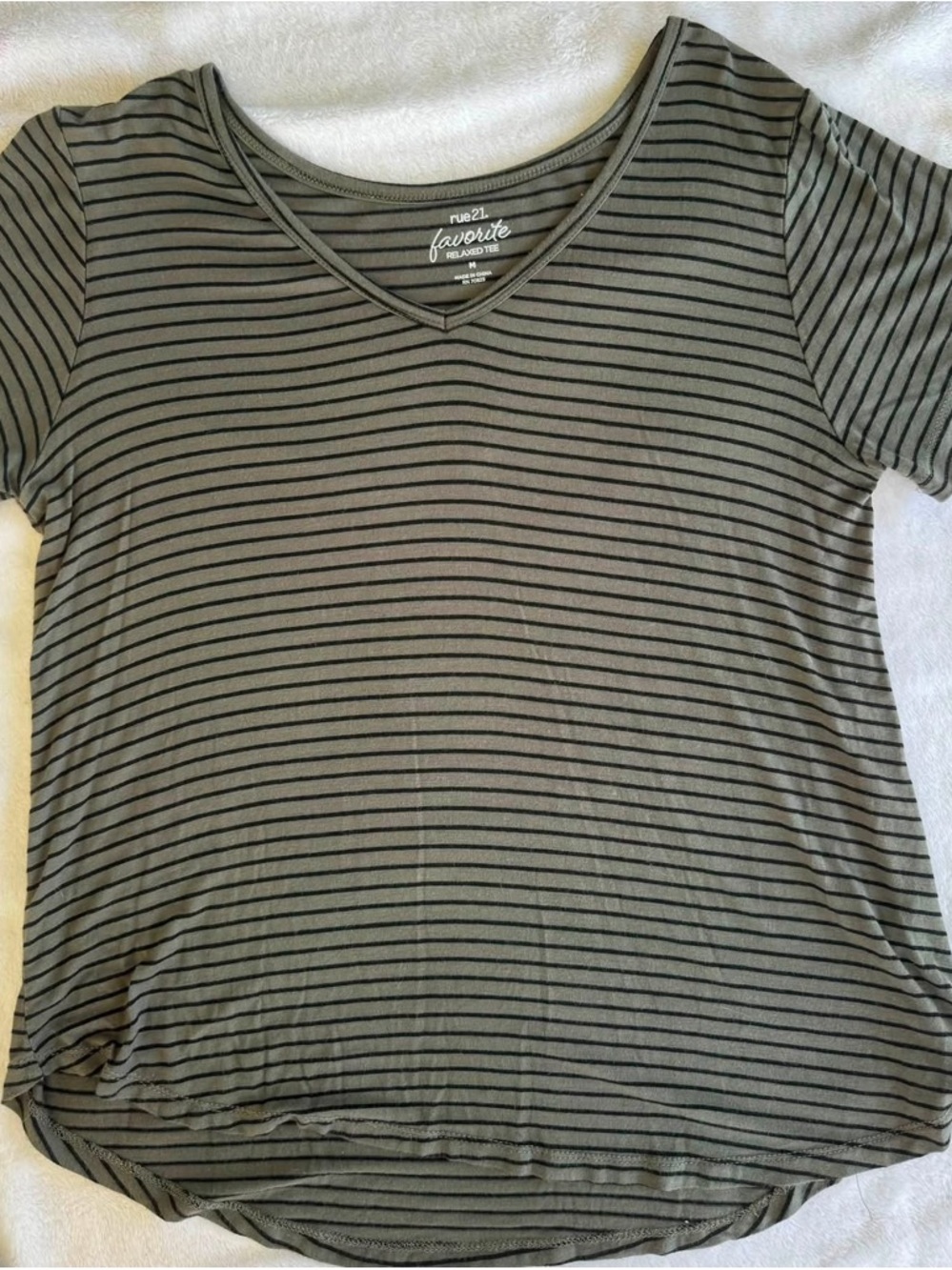 rue21 Olive and Black Striped V-Neck Tee